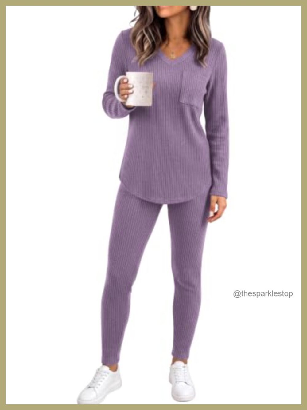 Women 2 Piece Lounge Set Long Sleeve V-Neck Top & Fitted Pants Pajama Set